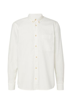 Heren wit overhemd met lange mouwen, borstzakje en een kraag met knopen, getoond tegen een effen witte achtergrond.