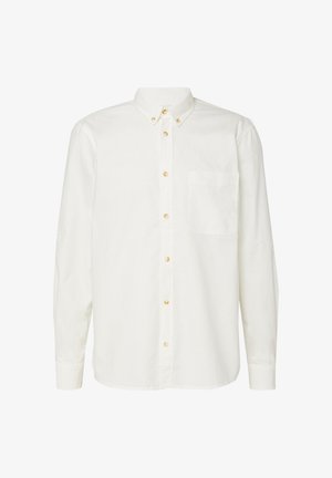 Heren wit overhemd met lange mouwen, borstzakje en een kraag met knopen, getoond tegen een effen witte achtergrond.