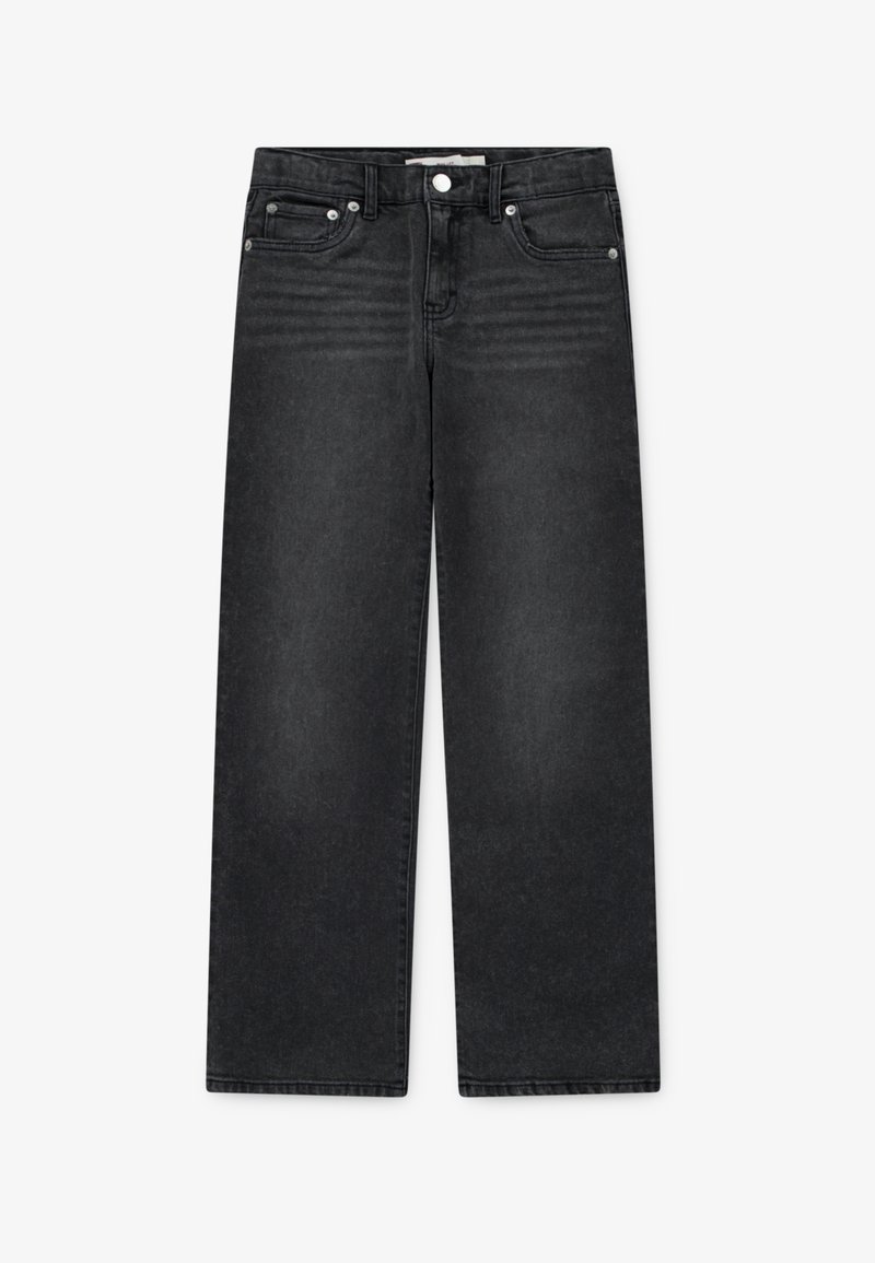Černé široké džíny vyrobené z denimu, s klasickým designem pěti kapes, kovovým kováním a vybledlou texturou na přední straně.