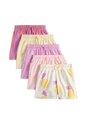 Fünf Paar Kinder-Shorts mit elastischem Bund in Pastellfarben, darunter lila, gelb, rosa und weiß mit gelben Frucht- und pinkfarbenen Blattmustern.