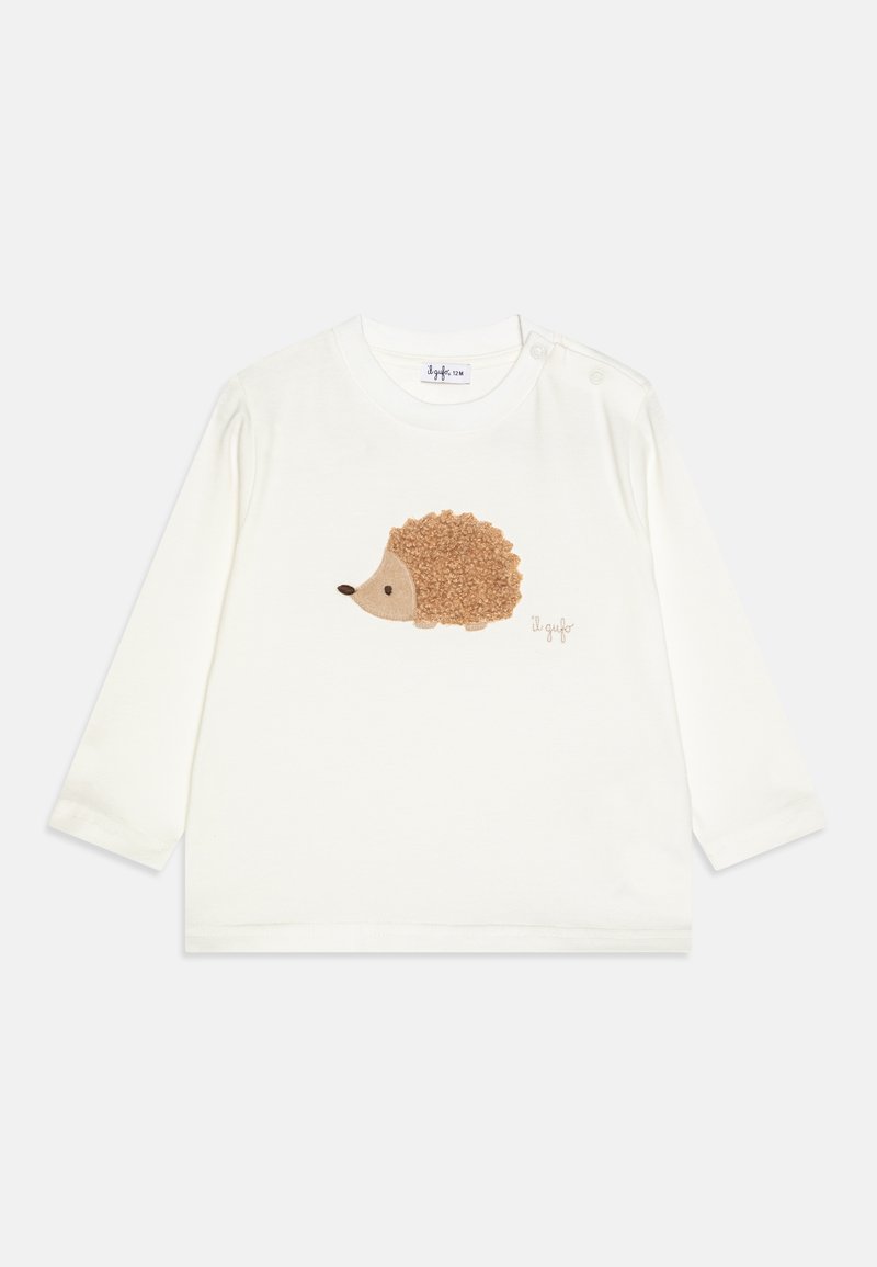 Langarmshirt in Weiß mit einem braunen Igel-Design, das über strukturierte Akzente verfügt, sowie Druckknöpfen an der Schulter für ein einfaches Anziehen.
