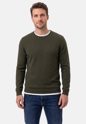 Mann trägt einen dunkelgrünen Pullover mit Rundhalsausschnitt über einem weißen Hemd und blauen Jeans, steht vor einem schlichten hellen Hintergrund.