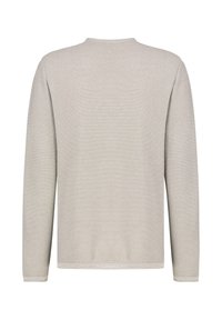 Hellgrauer Langarmpullover mit strukturiertem Strickmuster, Rundhalsausschnitt und geradem Saum. Minimalistisches Design ohne sichtbare Beschläge.