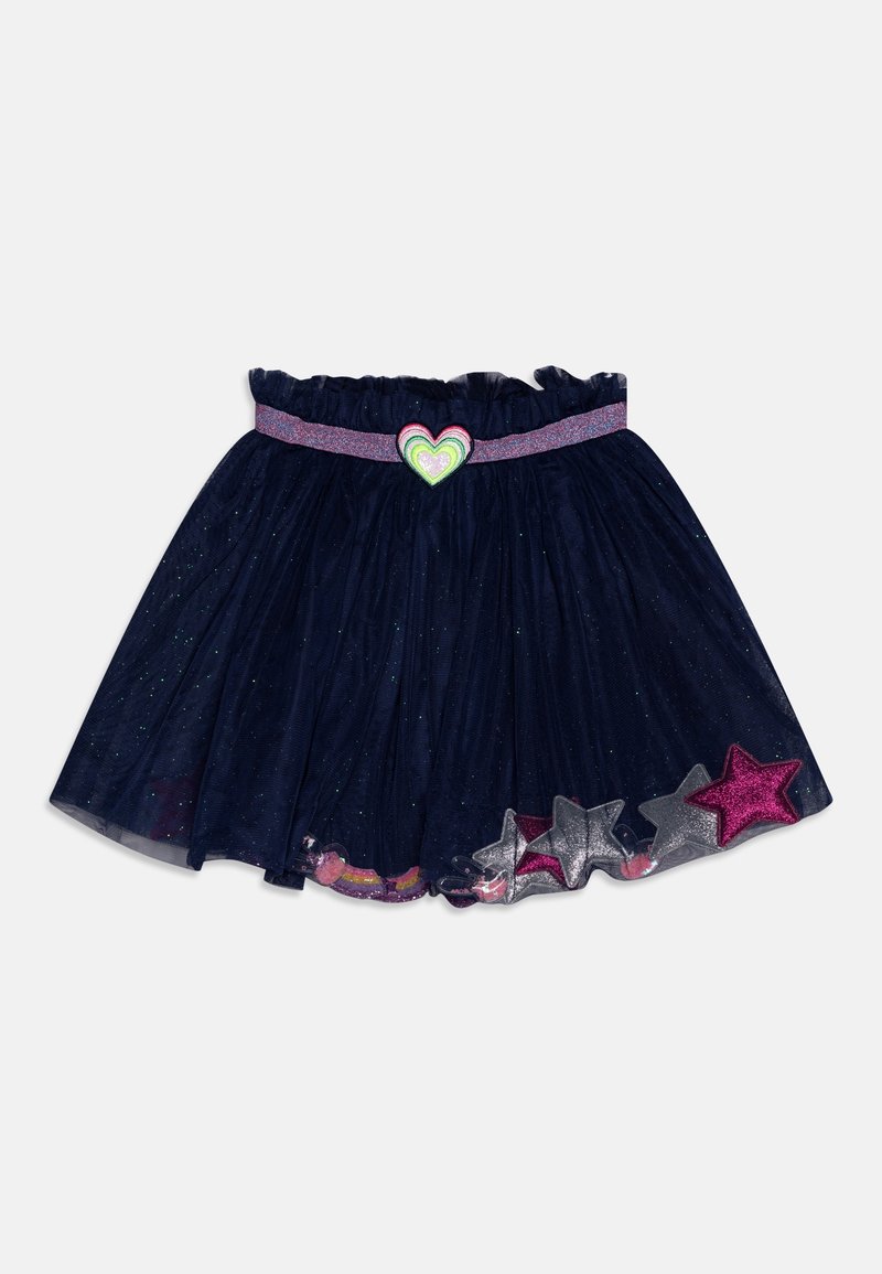 Jupe tutu pailletée bleu marine avec une ceinture violette, un patch en forme de cœur au centre, et des appliques étoile argentées et roses le long de l'ourlet.