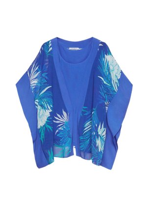 Blauer Cardigan mit offenem Vorderteil und langen Ärmeln, mit weißen und türkisfarbenen Blumen- und Blättermustern auf jeder Seite.