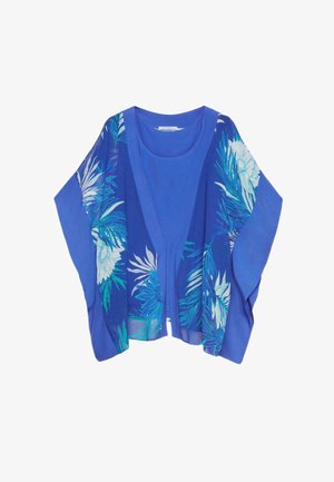 Blauer Cardigan mit offenem Vorderteil und langen Ärmeln, mit weißen und türkisfarbenen Blumen- und Blättermustern auf jeder Seite.