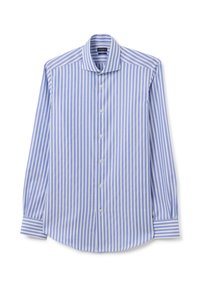 Camicia a maniche lunghe a righe blu e bianche, con bottoni davanti, colletto classico, in cotone, con larghezze di righe a contrasto, vestibilità elegante.