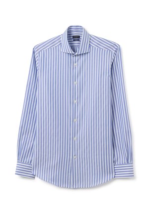 Camisa de manga larga a rayas azul y blanca, con botones en la parte delantera, cuello clásico, tela de algodón, con rayas de ancho contrastante, ajuste entallado.