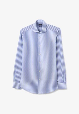 Camicia a maniche lunghe a righe blu e bianche, con bottoni davanti, colletto classico, in cotone, con larghezze di righe a contrasto, vestibilità elegante.