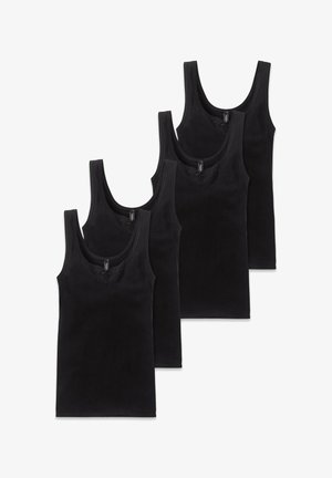 Camisoles noires en pack de quatre, avec un décolleté en rond et des détails texturés au niveau de la poitrine. Fabriquées dans un matériau doux et extensible.