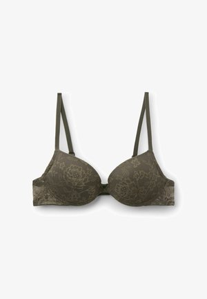 Spitzen-BH in dunklem Olivgrün mit vorgeformten Cups, verstellbaren Trägern und floralen Musterdetails auf der Vorderseite. Glattes Rücken-Design.