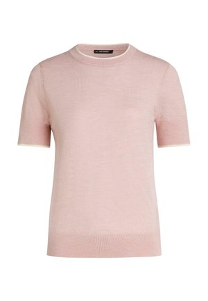 Maglione rosa chiaro a maniche corte lavorato a maglia con scollo rotondo e logo ricamato discreto sul petto sinistro.
