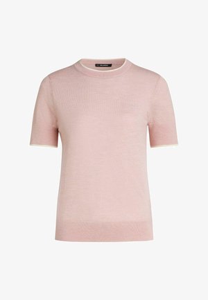 Maglione rosa chiaro a maniche corte lavorato a maglia con scollo rotondo e logo ricamato discreto sul petto sinistro.