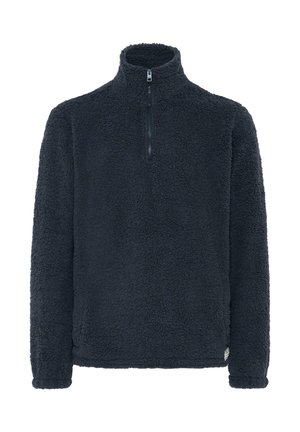 Donker marineblauwe fleece pullover met een hoge kraag en een kwart-ritssluiting aan de voorkant. Gemarmerde oppervlakte met een zachte, pluizige uitstraling. Standaard fit.