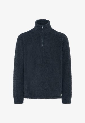 Donker marineblauwe fleece pullover met een hoge kraag en een kwart-ritssluiting aan de voorkant. Gemarmerde oppervlakte met een zachte, pluizige uitstraling. Standaard fit.