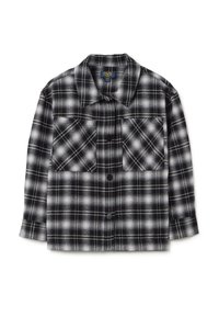 Camicia di flanella a quadri bianco e nero con due tasche sul petto, chiusura con bottoni e maniche lunghe, realizzata in un morbido tessuto texturizzato.