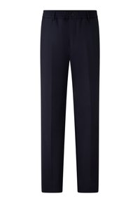 Pantalon bleu marine à coupe décontractée, avec une taille élastique, une fermeture à bouton et un détail de pli avant. Confectionné en tissu lisse.