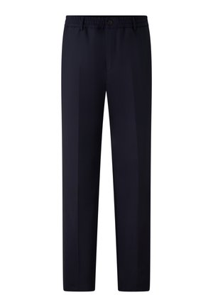 Marineblaue Hose mit lockerem Schnitt, ausgestattet mit einem elastischen Bund, Knopfverschluss und Bügelfalte vorne. Aus glattem Stoff gefertigt.