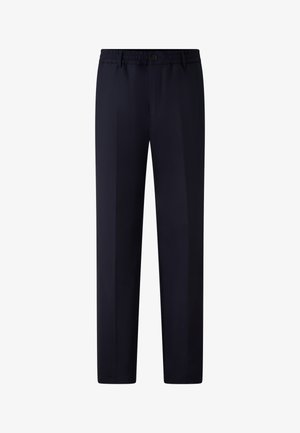 Navy blue trousers with a relaxed fit, featuring an elastic waistband, button closure, and front crease detail. Made from smooth fabric.