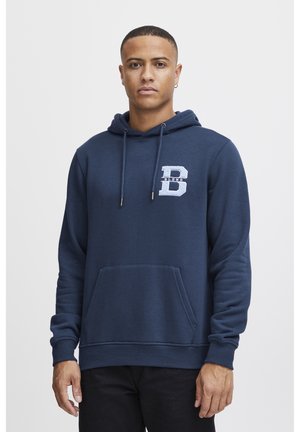 Navy blue hooded sweatshirt made of cotton blend, featuring a front kangaroo pocket and embroidered logo on the chest.