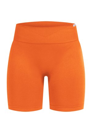 Oranje sportshorts met een brede geribde tailleband, gemaakt van een gladde, rekbare stof. Korte lengte, minimale stikseldetails.