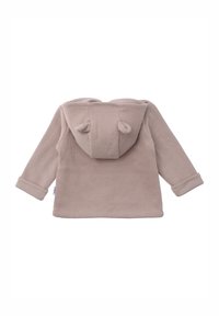 Weiche beiger Kapuzenjacke mit strukturiertem Rippfinish, die süße Ohrenakzente an der Kapuze und umgeschlagene Bündchen hat.