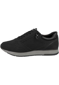 Sneaker noir avec une tige synthétique lisse, fermeture à lacets, détail de fermeture éclair sur le côté et une semelle en caoutchouc grise contrastante. Design de profil bas.