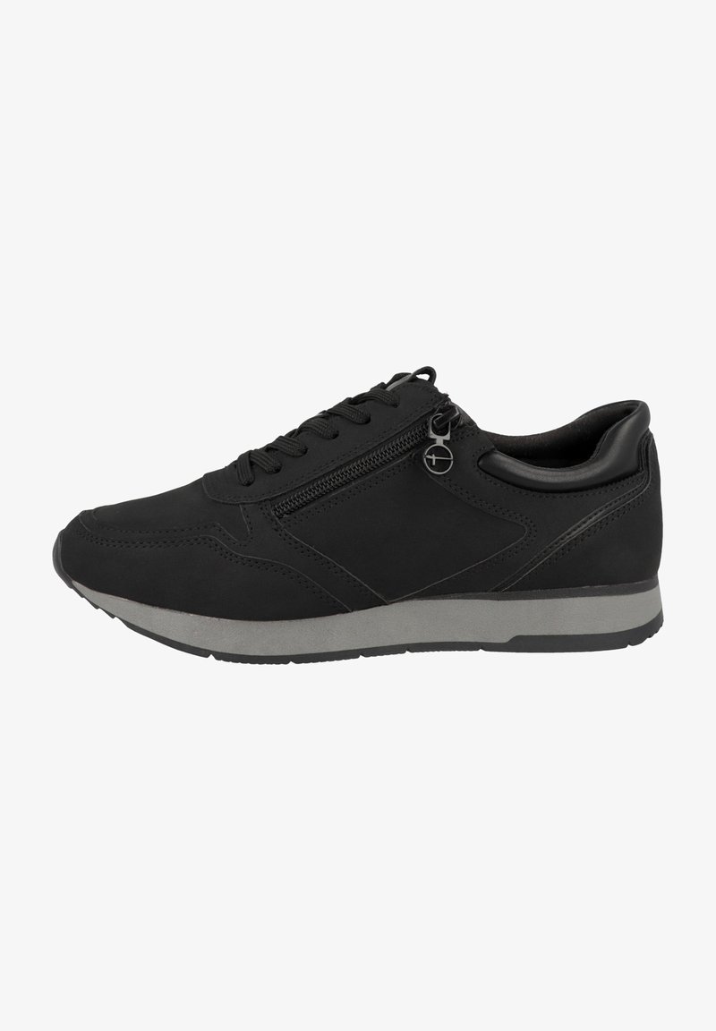 Sneaker noir avec une tige synthétique lisse, fermeture à lacets, détail de fermeture éclair sur le côté et une semelle en caoutchouc grise contrastante. Design de profil bas.