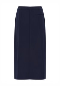 Marineblauer Bleistiftrock, taillierte Passform, knielang, mit einer Gesäßtasche, einfarbig, aus glattem Stoff mit sauberem Finish gefertigt.