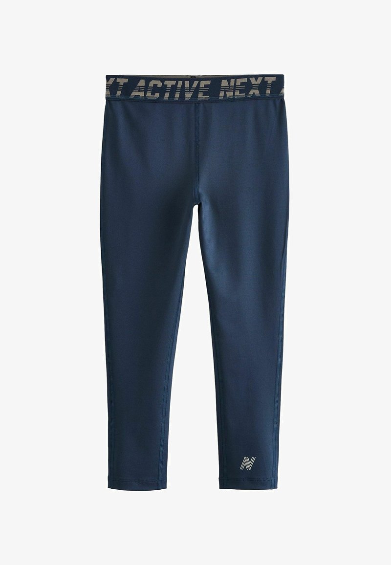 Granatowe legginsy sportowe z szeroką, nadrukowaną talią, na której znajduje się napis "NEXT ACTIVE". Gładka tekstura, dopasowany krój oraz małe logo na kostce.