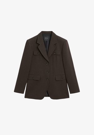 Blazer marrone in misto lana con rever a incavo, due tasche frontali con patta e chiusura a doppio bottone. Texture liscia con vestibilità strutturata.