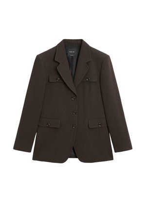 Bruine blazer van een wolmix met een notched revers, twee voorzakken met kleppen en een dubbele knoopsluiting. Soepele textuur met een gestructureerde pasvorm.