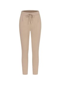 Beige joggebukser laget av mykt stoff, med strikk i livet, sidelommer og smalere ben for en tettsittende silhuett.