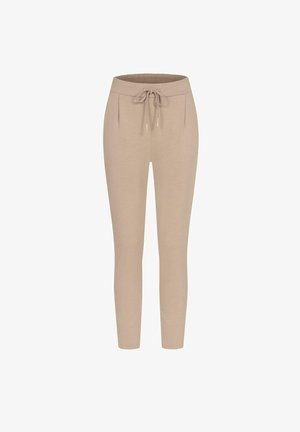 Bež jogger hlače iz mehkega blaga, z vrvico v pasu, stranskimi žepi in zoženimi hlačnicami za oprijet silhueto.