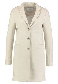 Beige, tailored kabát vyrobený z texturované látky, se záhybovým límcem, třemi knoflíky a dvěma předními kapsami.
