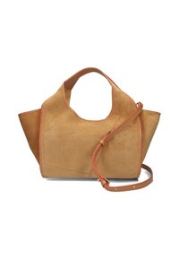 Tan suède handtas met een gestructureerde vorm, voorzien van oranje stiksels, een enkele bovenhandgreep en een afneembare schouderband.