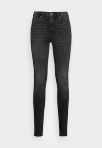 Pantalones vaqueros negros ajustados de denim, con cintura alta, un ligero desgastado y un diseño clásico de cinco bolsillos con cierre de botón en la parte delantera.