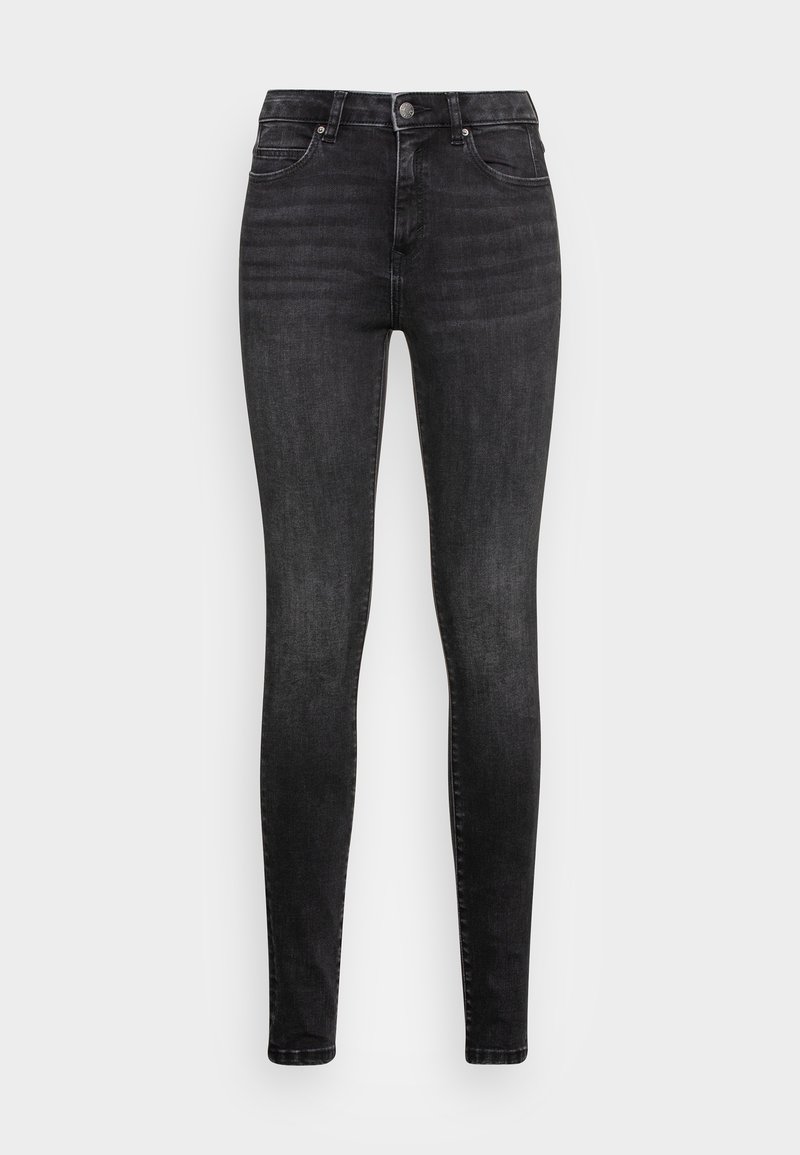 Pantalones vaqueros negros ajustados de denim, con cintura alta, un ligero desgastado y un diseño clásico de cinco bolsillos con cierre de botón en la parte delantera.