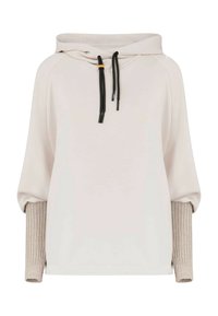 Felpa leggera beige con cappuccio e cordoncino, design oversize e polsini a coste beige. Texture morbida, stile casual e vestibilità rilassata.