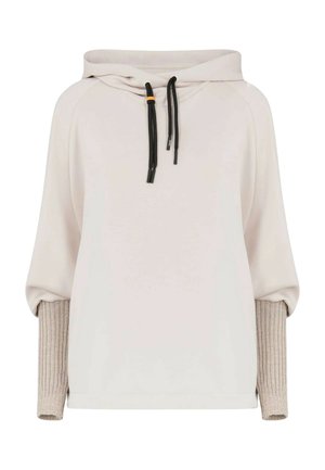 Felpa leggera beige con cappuccio e cordoncino, design oversize e polsini a coste beige. Texture morbida, stile casual e vestibilità rilassata.