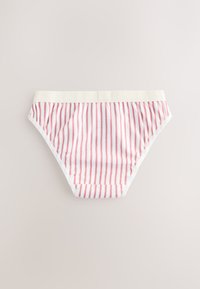 Sous-vêtements rayés rose et blanc avec une ceinture élastique de couleur crème et un tissu lisse et extensible. Présente un design taille basse.