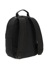 Black fabric backpack with a rounded shape, padded straps, zip closure, and a small side pocket, featuring a durable, textured surface.