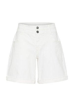 White denim shorts with rolled cuffs, featuring two front pockets and a two-button closure. Smooth texture and straight cut design.