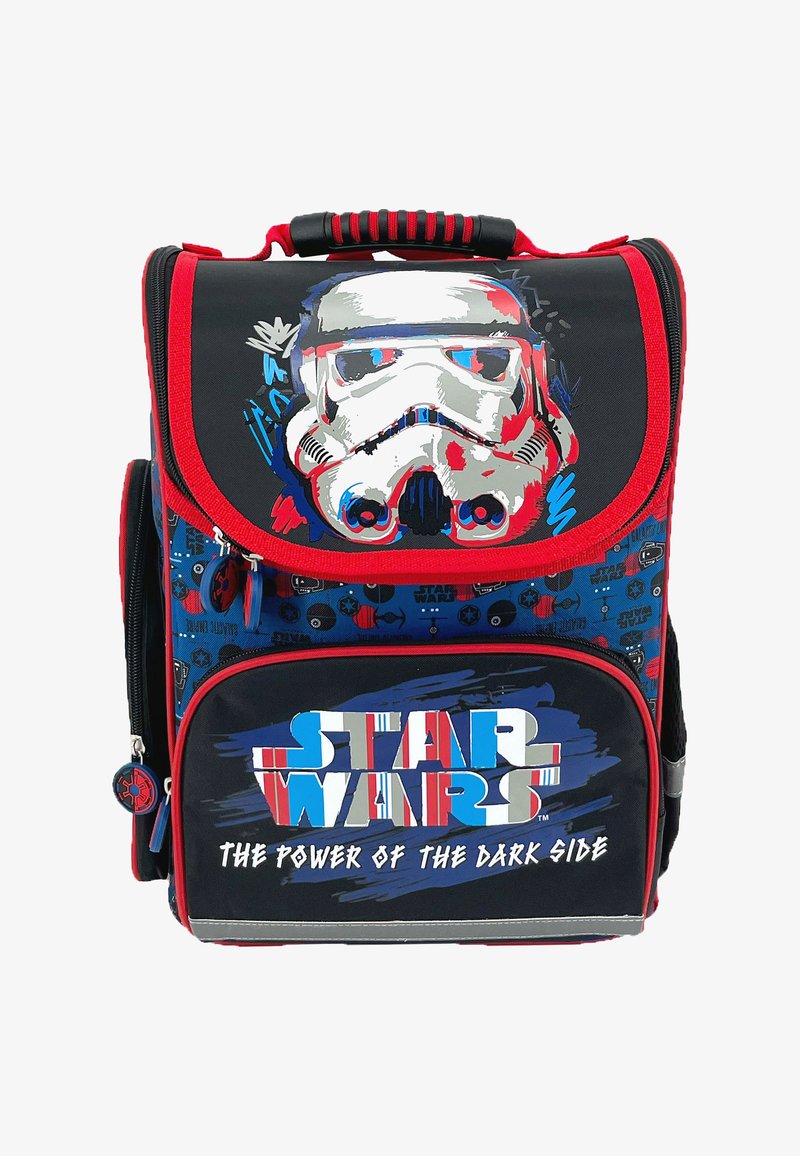 Black and blue fabric backpack featuring a Stormtrooper design, red accents, and "Star Wars" text. Includes zippers and a top handle.