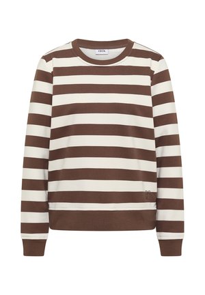 Sweat-shirt à rayures marron et crème avec col ras du cou et poignets côtelés. Confectionné en matière douce, avec un petit logo au bas.