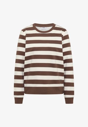Sweat-shirt à rayures marron et crème avec col ras du cou et poignets côtelés. Confectionné en matière douce, avec un petit logo au bas.