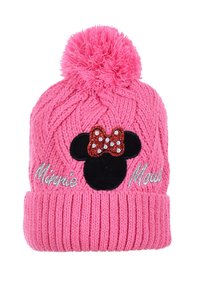 Cappello lavorato a maglia rosa con risvolto a costine, caratterizzato da una silhouette nera di Topolina e un fiocco rosso a pois. Include un soffice pom-pom in cima.