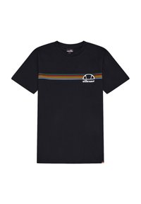 T-shirt in cotone nero con maniche corte, caratterizzato da una striscia orizzontale multicolore e un piccolo logo sul lato sinistro del petto.