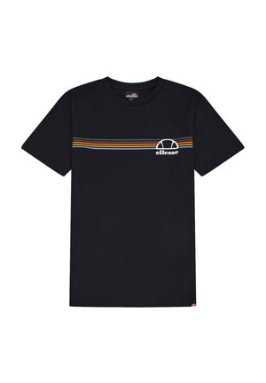 T-shirt in cotone nero con maniche corte, caratterizzato da una striscia orizzontale multicolore e un piccolo logo sul lato sinistro del petto.