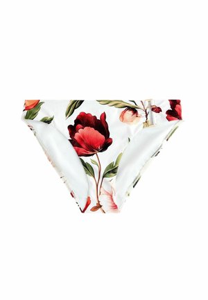 Blumiger Bikini-Slip mit großen roten und pinken Blumen auf weißem Hintergrund, aus glattem Stoff gefertigt und mit seitlichen Akzent-Accessoires versehen.